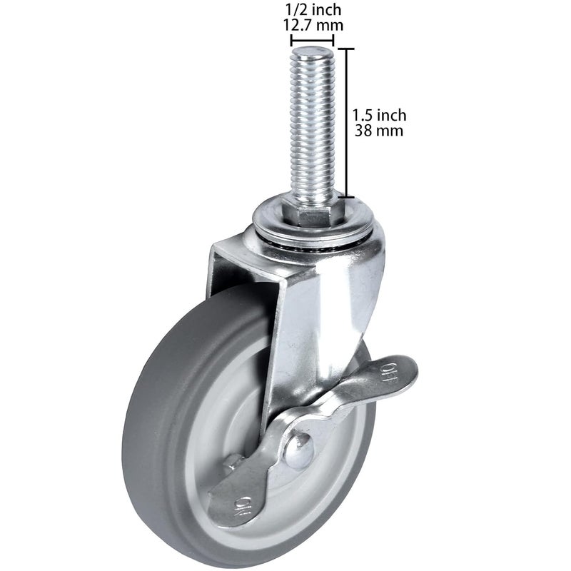 Finnhomy Caster Wheels 3 Inch Set of 4 Heavy Duty Threaded Stem Casters 1/2"-13x1-1/2 Swivel Rubber Industrial Castors Locking Wheels for Wire Shelving/Furniture/Carts Load Bearing 720 Lbs Gray - Image 2